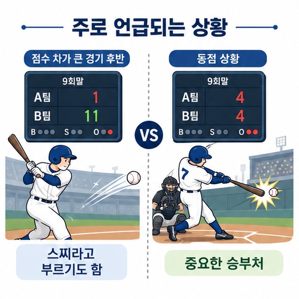 점수 차가 크게 벌어진 경기에서 나온 안타와 중요한 승부처에서 나온 안타를 비교해 스찌가 사용되는 맥락을 보여주는 이미지