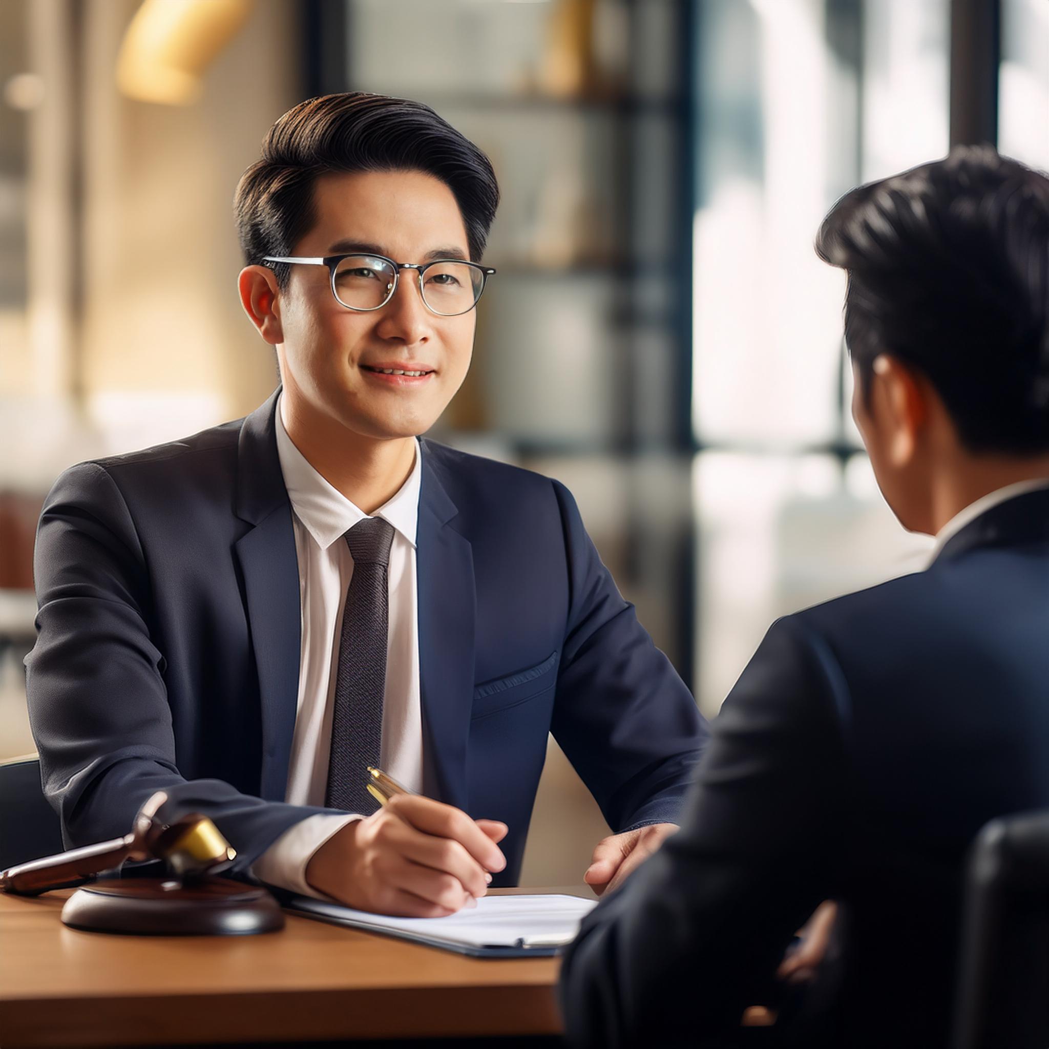 법무법인 강호 오준성 변호사가 의뢰인과 상담하는 모습. 추가 설명: 신뢰감을 주는 변호사의 모습, 의뢰인의 안심하는 표정, 따뜻한 분위기의 상담실 배경