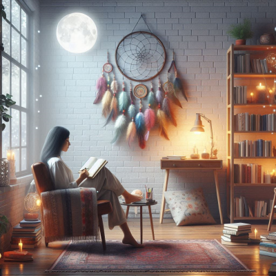 꿈을 꾸고 있는 여자가 침대에 앉아있는 모습, 꿈의 해석 준비