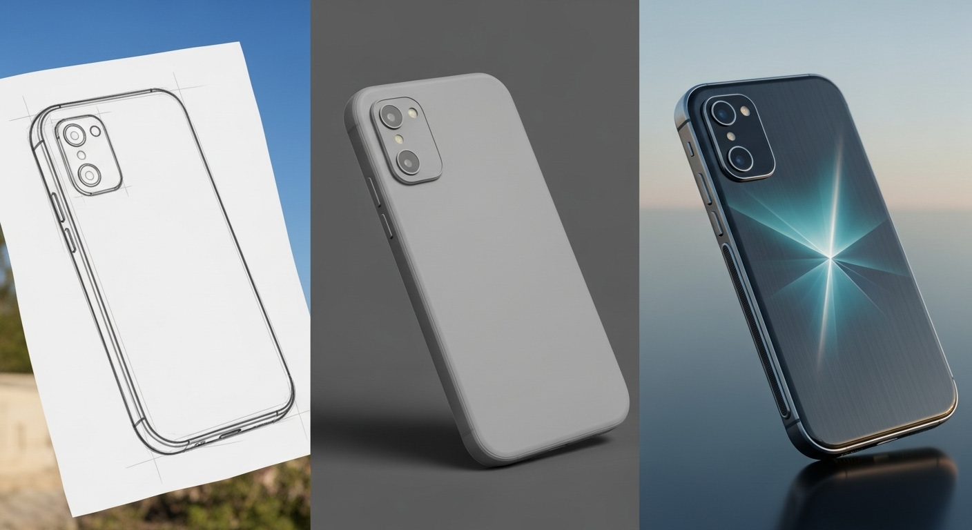 스케치부터 3D 제품 렌더링까지 일관성을 유지하며 변화하는 이미지의 3분할 샷