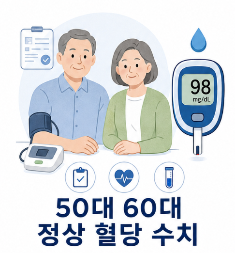 건강검진을 받는 50대와 60대 성인과 혈당 측정기로 표현한 정상 혈당 수치 안내