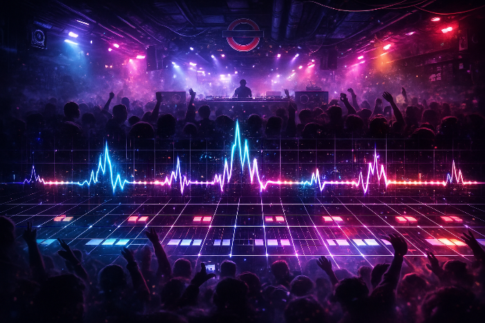 UK Garage 리듬 구조를 시각화한 전자음악 그래픽 이미지