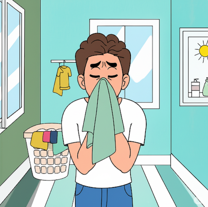 빨래 냄새를 맡는 남자
