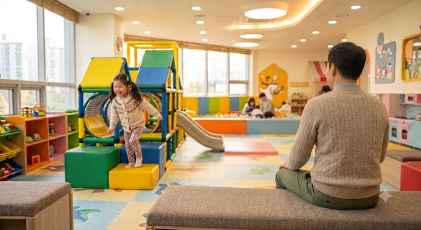 실내 놀이공간에서 아빠가 의자에 앉아 적절한 거리를 유지하며 혼자 신나게 뛰어노는 딸아이를 신뢰의 시선으로 지켜보는 모습 &mdash; 아동 발달 이론 기반 연령별 자립심 로드맵 육아 에세이 대표 이미지