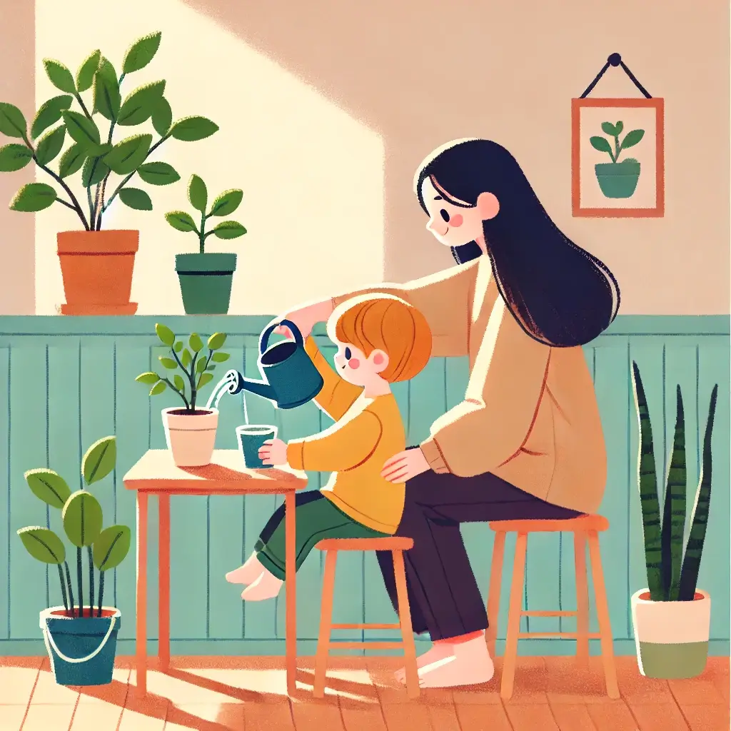 엄마와 아이가 화분에 물을 주고 있는 이미지