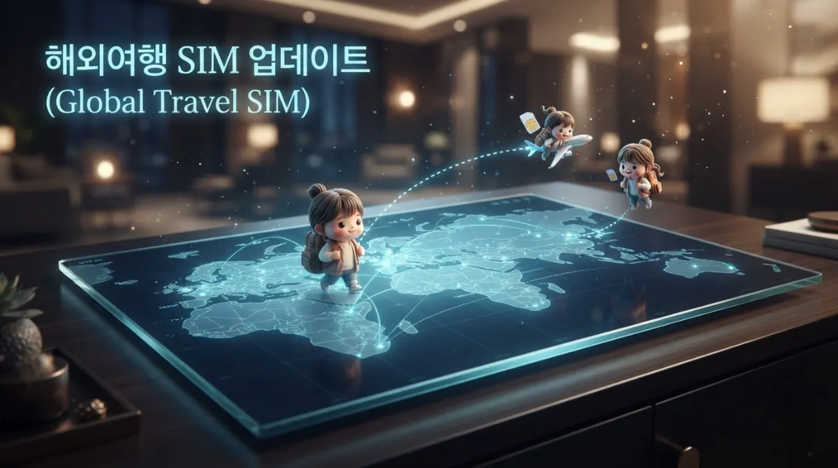 해외 출국 시 SIM 카드 교체에 따른 스마트폰 셔터음 자동 해제 기술을 설명하는 이미지