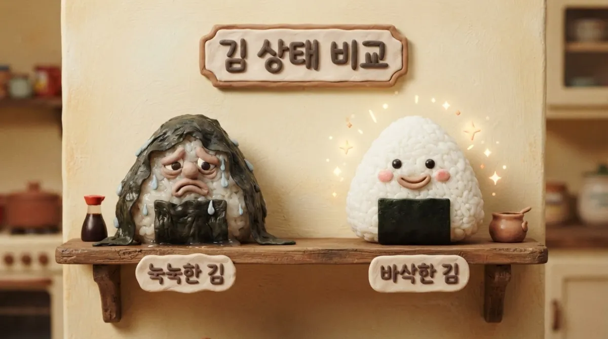 눅눅한 김과 바삭한 김으로 감싼 삼각김밥 좌우 비교 - 슬픈 표정과 밝은 표정 대비를 보여주는 클레이 애니메이션