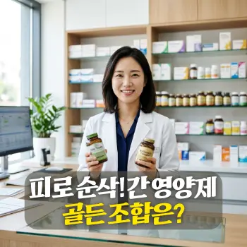 피로 순삭! 간 영양제 골든 조합은?
흰색 가운을 입은 신뢰감 있는 인상의 30대 한국인 약사(남성 혹은 여성)가 약국 조제실 배경에서 밀크씨슬 병과 비타민 B군 영양제 병을 양손에 하나씩 들고 자신 있게 미소 짓는 모습.