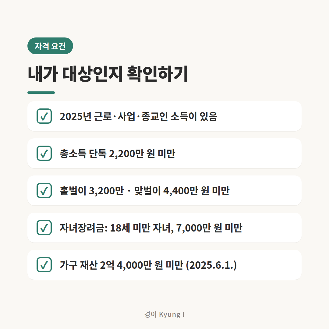 근로장려금 자격 요건 체크리스트 카드