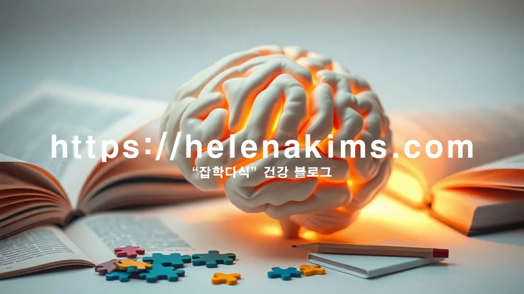 부드러운 빛이 비추는 뇌 모양의 오브제. 일부는 선명하고 일부는 흐릿하여 경도인지장애의 미묘함을 표현. 주변에 책, 퍼즐 조각 등 지적 활동을 상징하는 요소들이 놓여있는 이미지