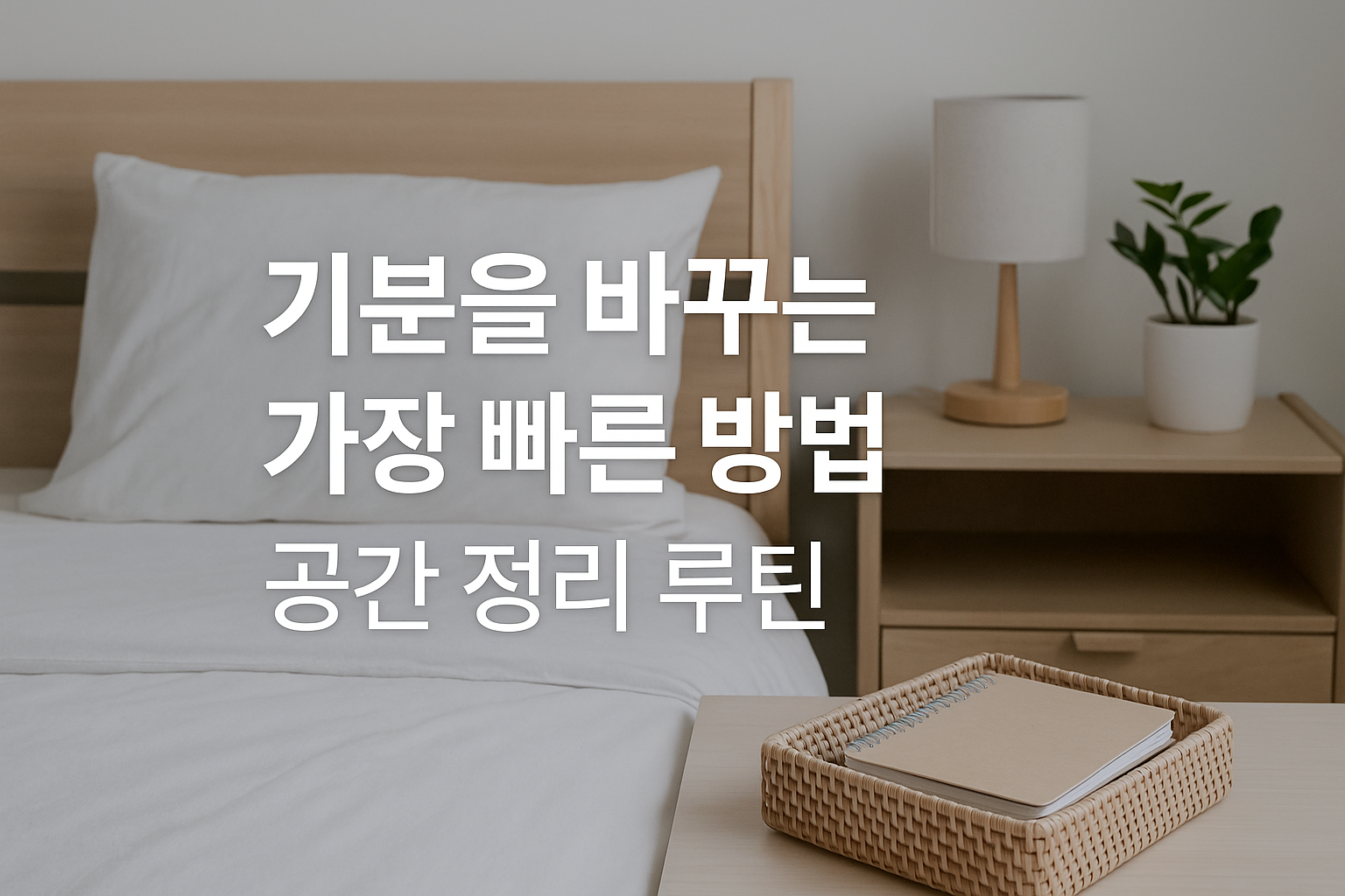 밝은 자연광이 들어오는 침실 한켠 정돈된 침대와 우드톤의 협탁, 식물과 스탠드가 조화를 이루는 정리가 잘된 공간