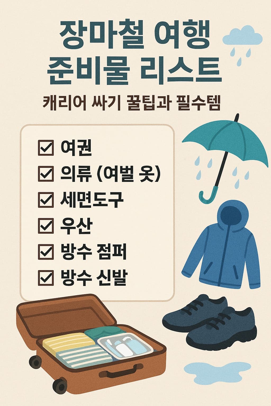 ☔ 2025년 7월, 장마철 여행 준비물 리스트: 캐리어 싸기 꿀팁과 필수템