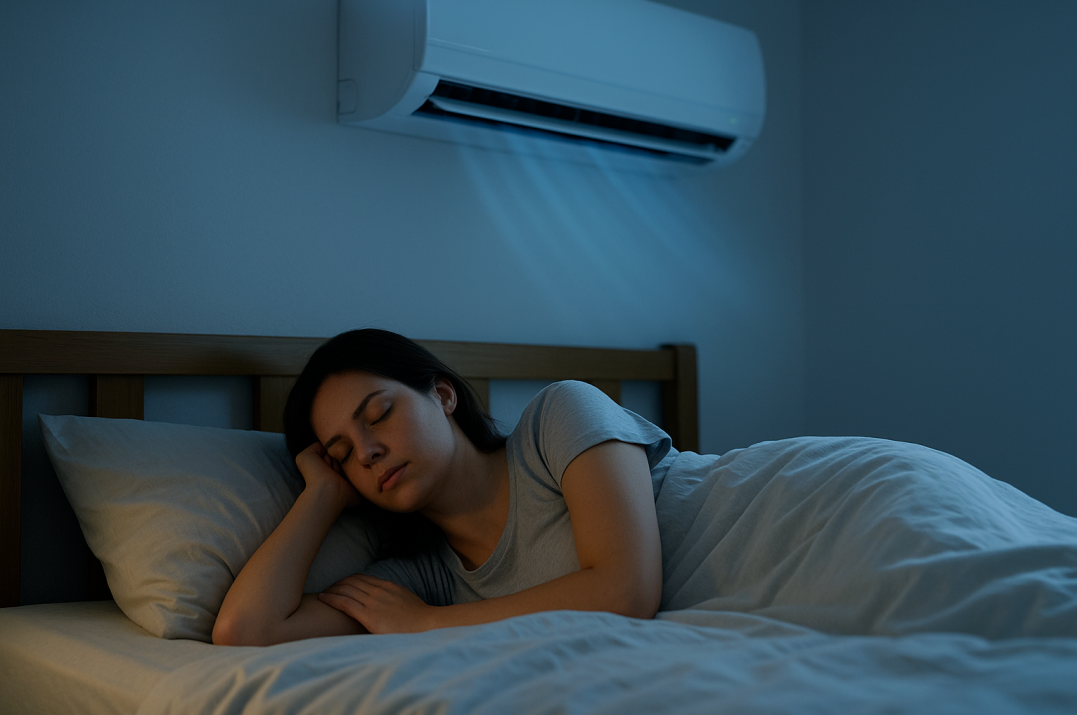 에어컨이 켜진 시원한 침실에서 숙면을 취하는 여성의 모습, 여름 수면 환경 개선의 중요성