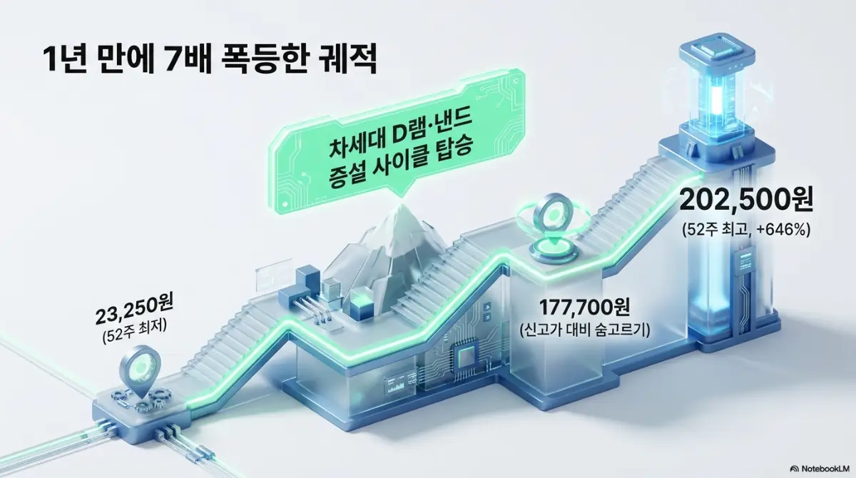 테스 주가 전망: 1년 만에 약 7배 급등한 테스 주가 궤적을 보여주는 이미지. 52주 최저 23,250원에서 신고가 202,500원까지 오른 흐름과 6월 15일 종가 177,700원의 숨고르기 구간을 시각화했으며, 차세대 D램·낸드 증설 사이클 탑승이라는 테스 주가 전망의 핵심 동력을 설명함