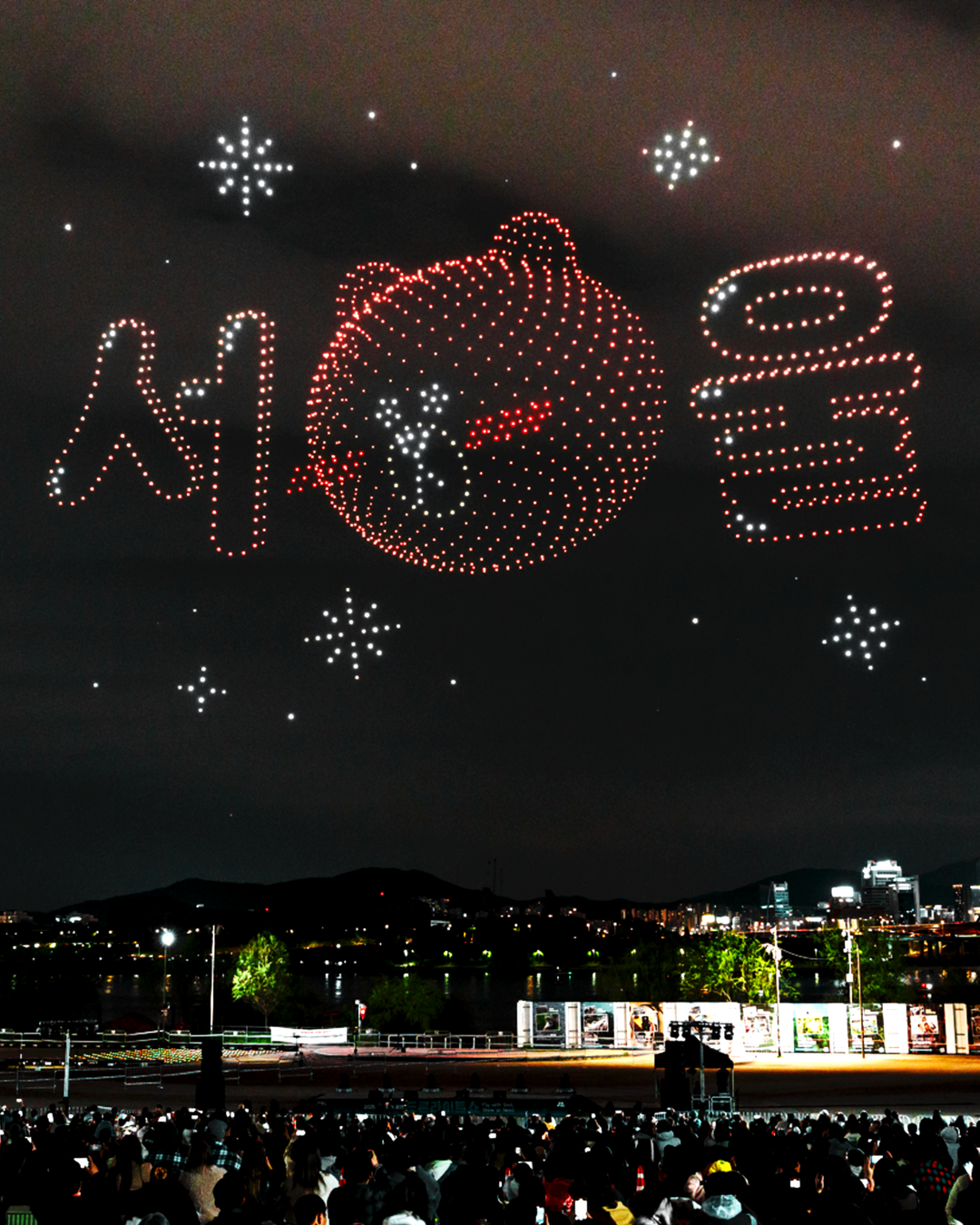 2025 한강 드론 라이트쇼 상반기 공연|서울 밤하늘에 라인프렌즈 드론 아트가 펼쳐진 모습