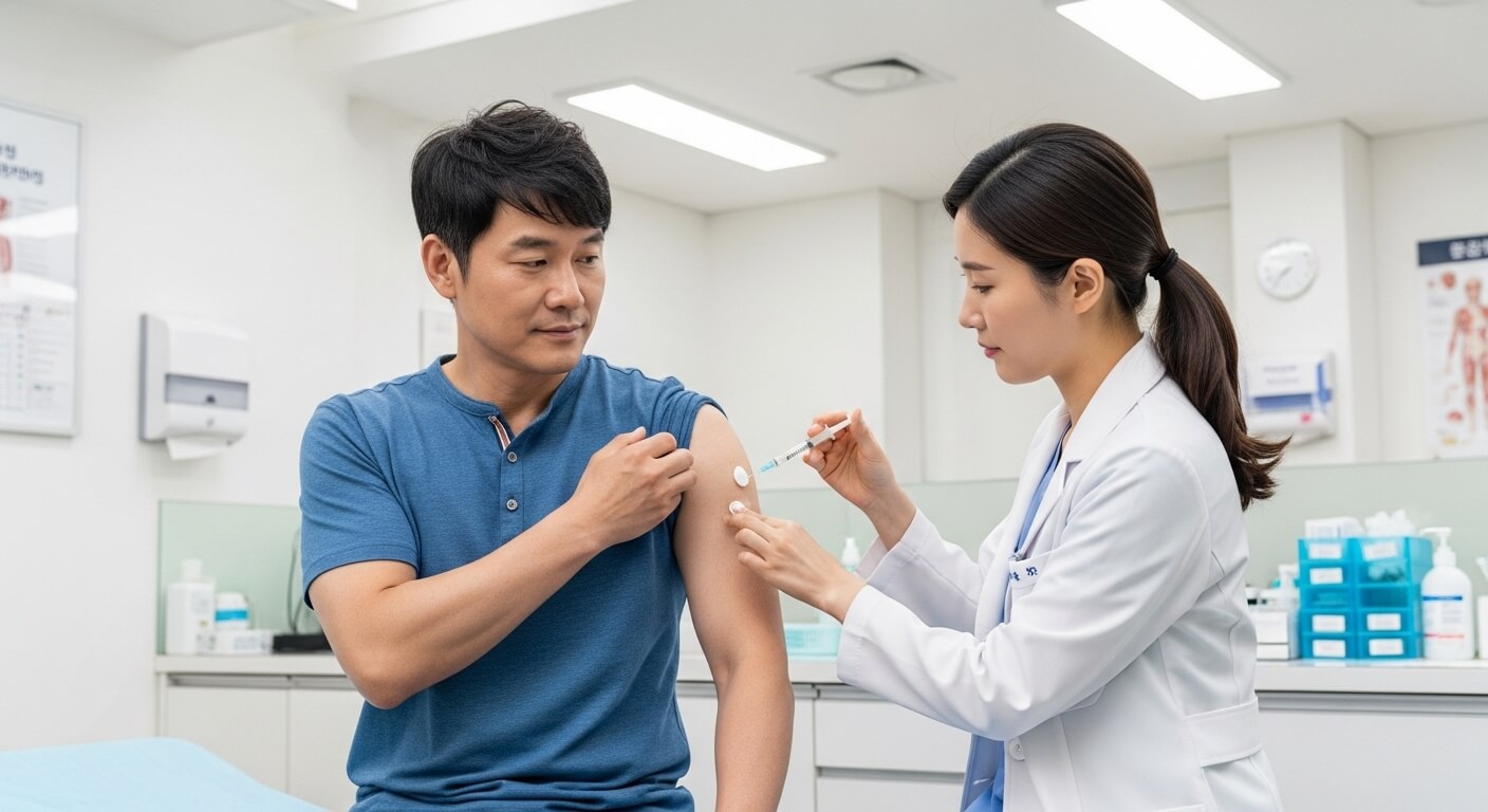 진료실에서 간호사가 성인 남성의 팔에 예방접종 주사를 놓는 장면