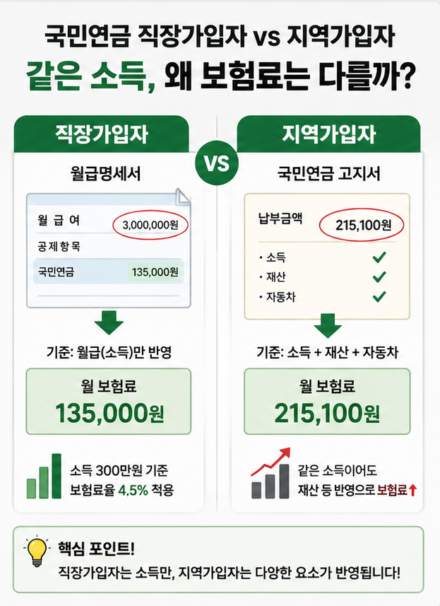 국민연금, 직장가입자/지역가입자 보험료 차이 비교