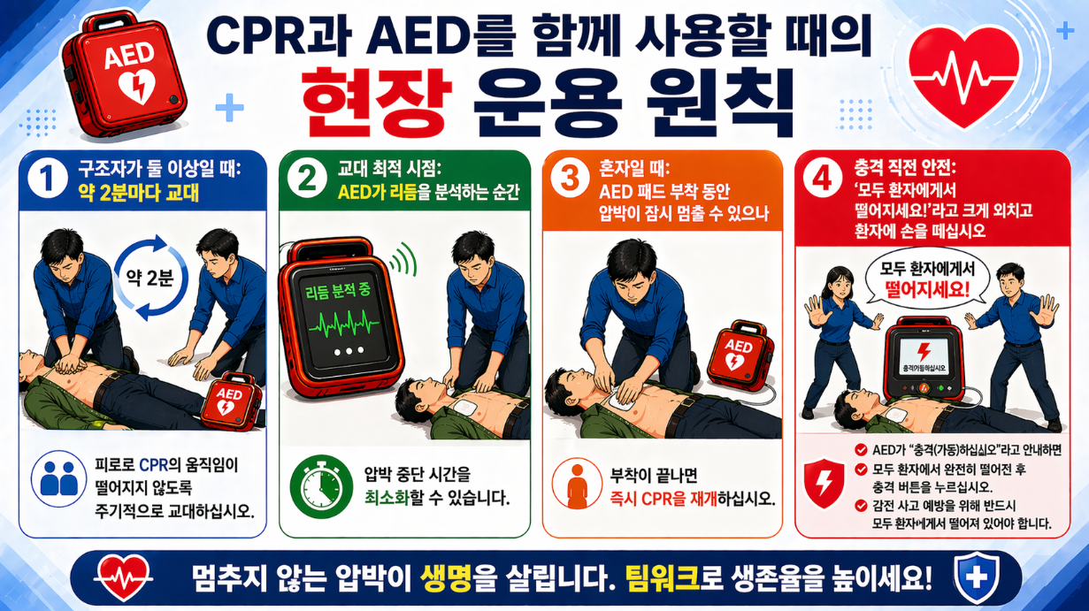 CPR과 AED 병행 시 현장 운영 원칙, 교대 타이밍과 안전 수칙 안내