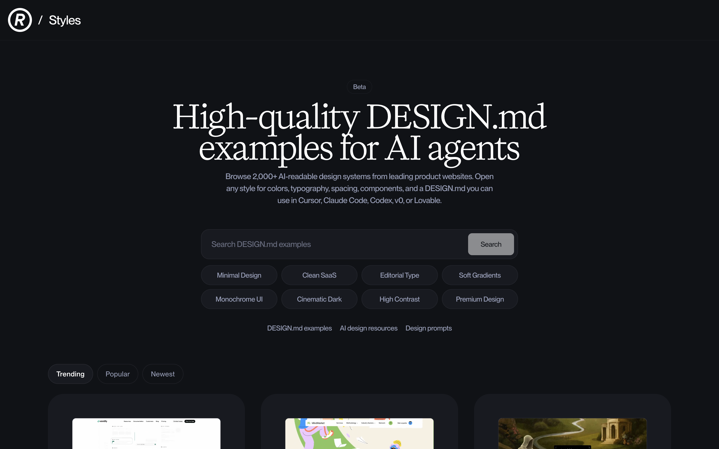 Refero Styles &mdash; AI 에이전트용 DESIGN.md 예시