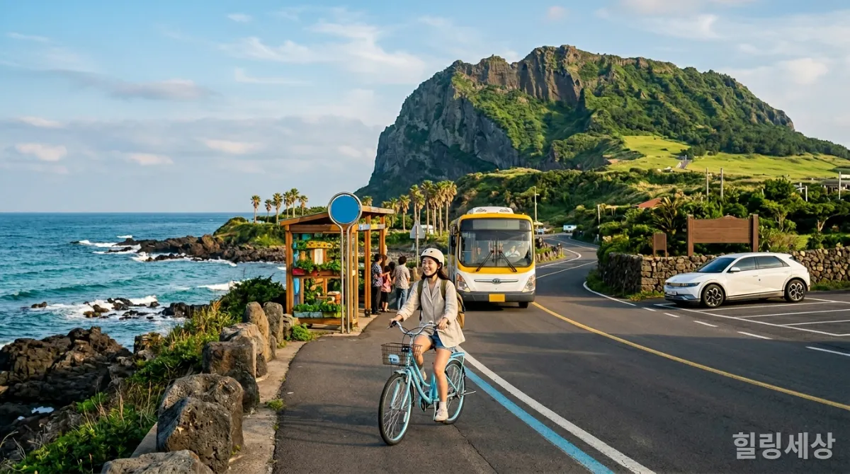 제주도에서 자전거, 버스, 스쿠터 등 다양한 교통수단을 이용하는 혼행객