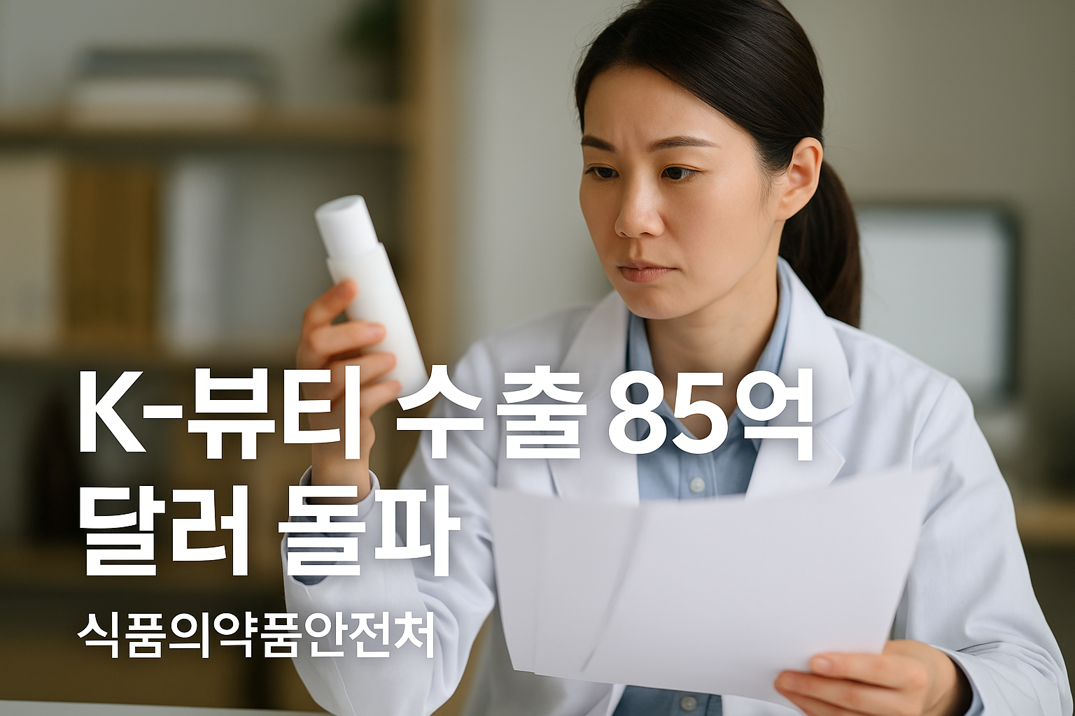 밝은 사무실에서 한국인 전문가가 화장품 용기를 꼼꼼히 검토하며 K-뷰티 수출 실적을 점검하는 모습