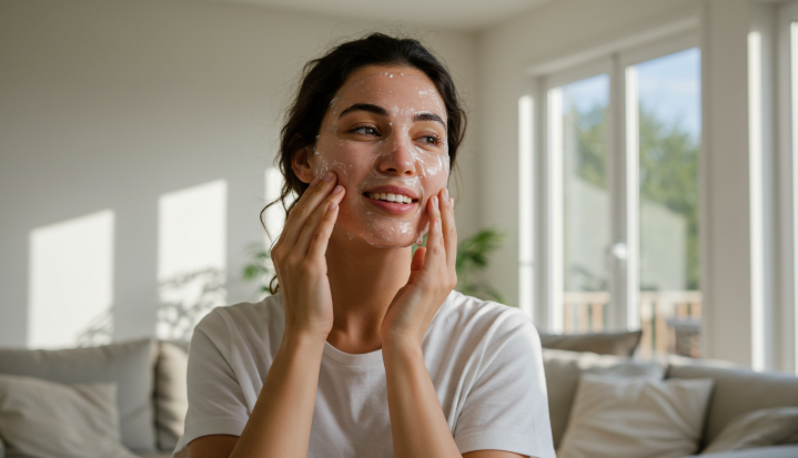 하이드로겔 마스크를 붙힌 여성