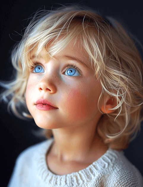 금발 머리를 가진 잘생긴 백인 남자 아이가 두 눈을 크게 뜨고 있다. 파란 눈을 가졌고 귀가 매우 작다.