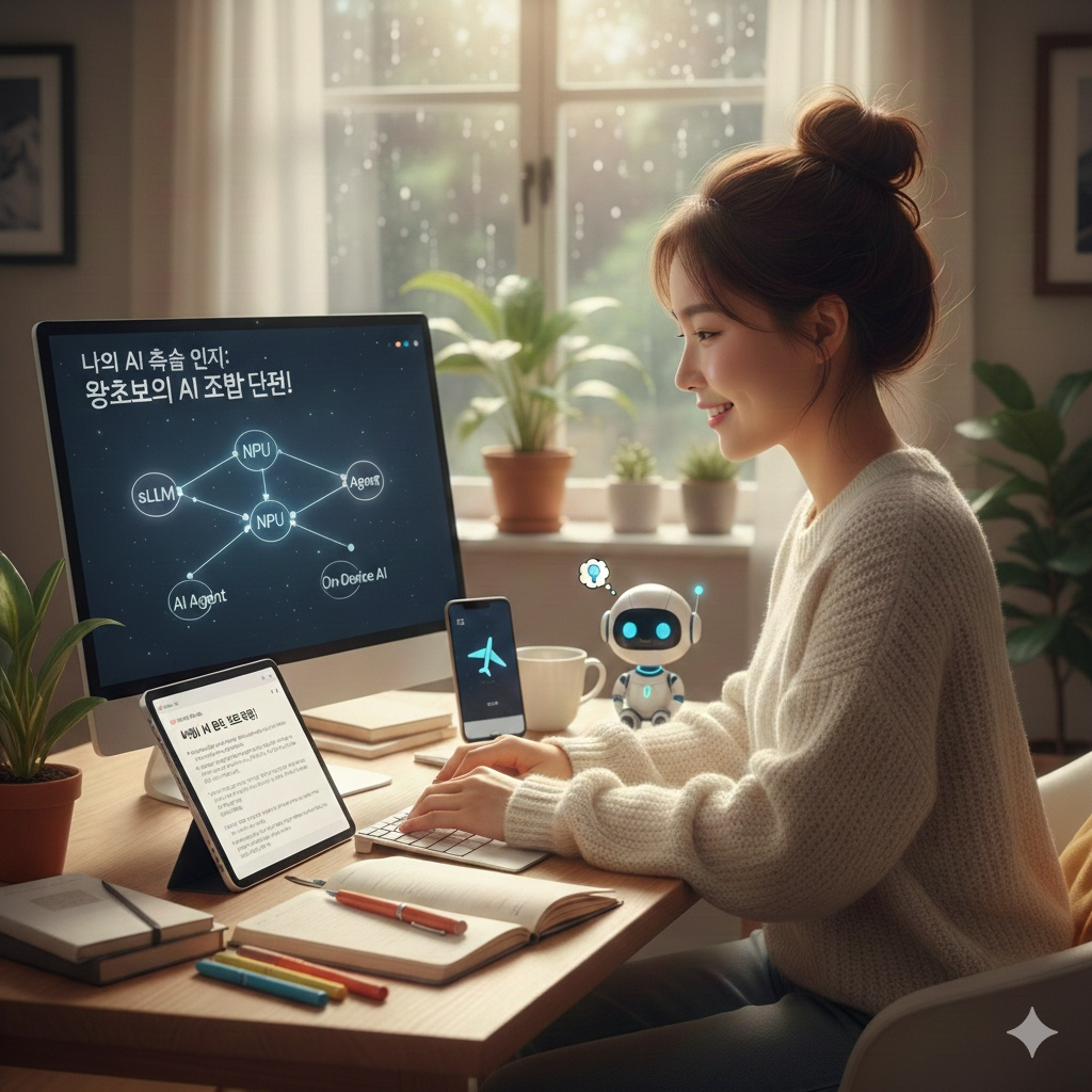 책상 앞에 앉아 노트북과 태블릿을 사용하며 AI 개념도를 보고 있는 사람과 작은 로봇 캐릭터가 함께 있는 장면. 온디바이스 AI, NPU, AI 에이전트 등 AI 조합과 학습을 상징하는 이미지.
