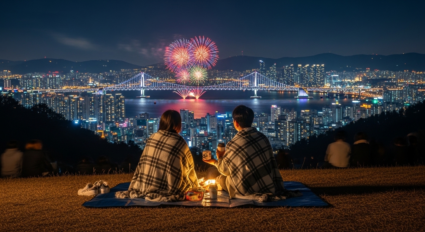 따뜻한 담요를 덮고 간식을 먹으며 황령산 봉수대에서 부산 야경과 함께 불꽃축제를 감상하는 연인의 모습. 멀리 광안대교 위로 불꽃이 터지고 있다.