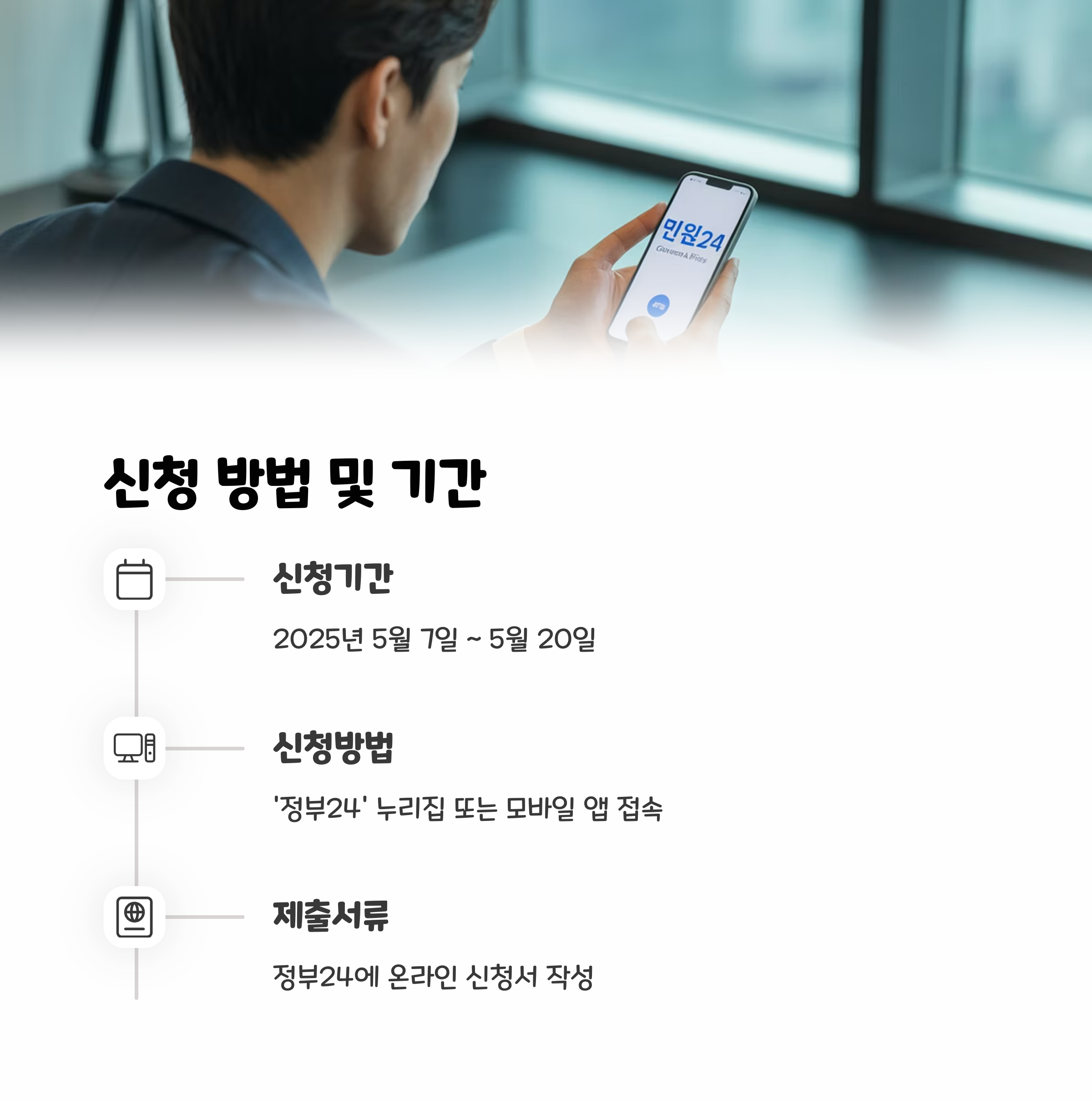 스마트폰으로 정부24 앱을 사용하는 모습과 함께, 신청 기간(2025년 5월 7일~20일), 신청 방법 및 제출서류 안내