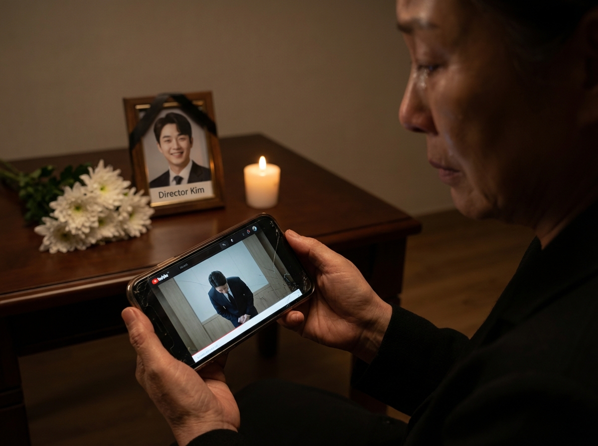 A hand holding a smartphone displaying a paused YouTube video of a bowing man, next to a framed photo of a deceased young man surrounded by white chrysanthemums.