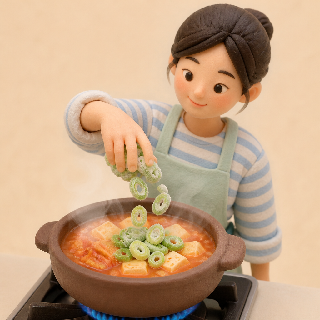 김이 오르는 찌개 냄비에 냉동 대파를 바로 넣는 30대 여성