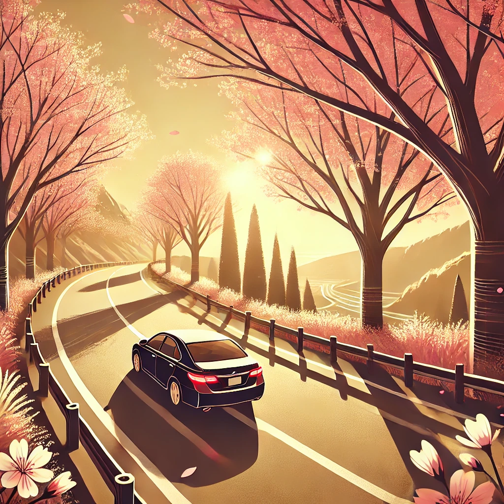 벚꽃이 만개한 도로를 달리는 드라이브 장면을 그려봤어요. 🚗🌸