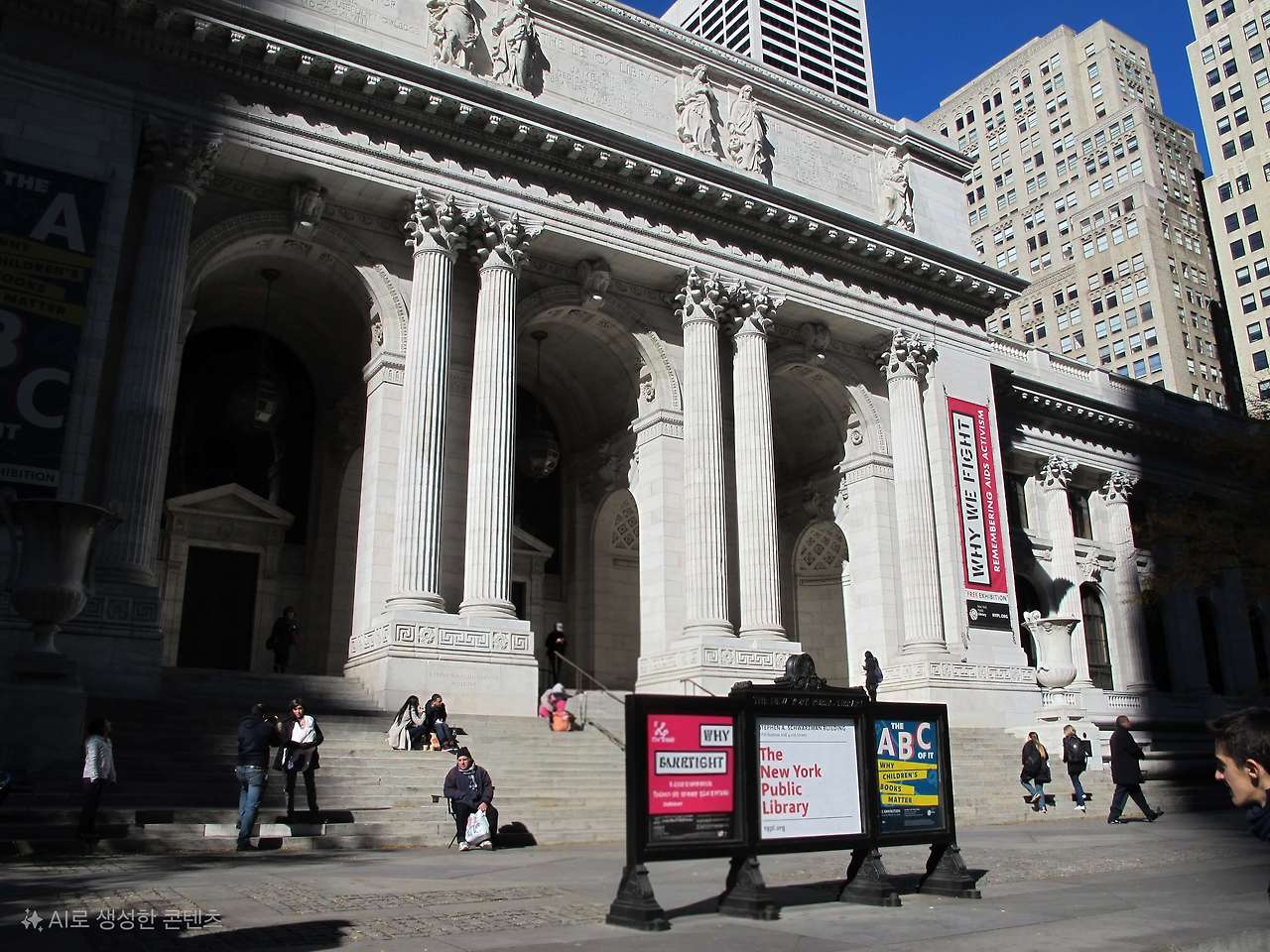 뉴욕 공립 도서관 본관의 웅장한 대리석 외관과 고풍스러운 입구