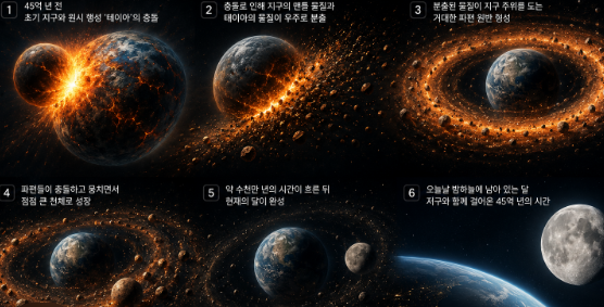 45억 년 전 원시 지구와 테이아의 거대한 충돌 이후 파편 원반이 형성되고 현재의 달이 만들어지는 과정