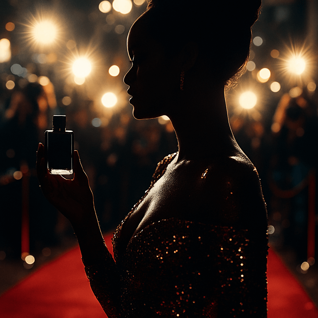 플래시가 번쩍이는 레드카펫에서 스팽글 드레스를 입은 글로벌 팝스타의 실루엣이 검은 킬리안 향수 보틀을 우아하게 들어 올리는 하이패션 에디토리얼 장면