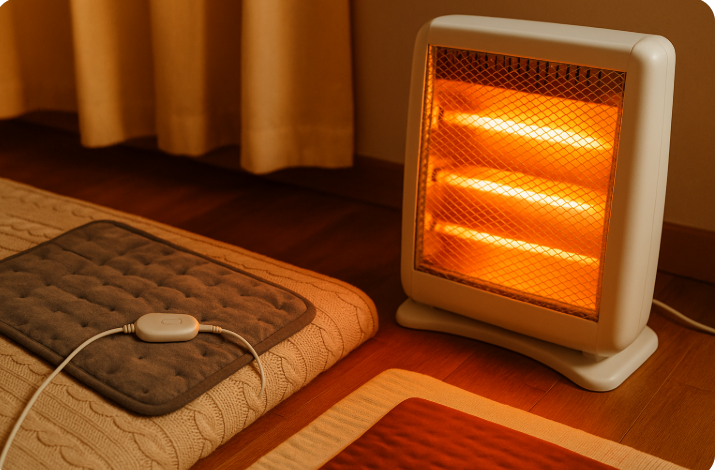 겨울철 난방을 위한 전기히터와 전기방석 모습