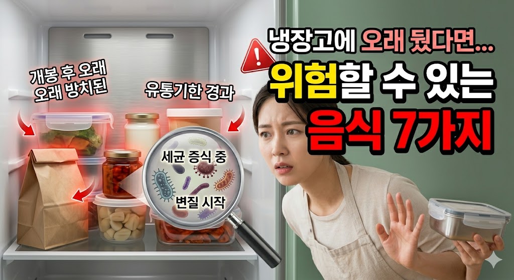 냉장고 문을 열어보고 놀란 표정을 짓고 있는 한 여성이 유통기한이 지나고 오래 방치된 음식 보관 용기를 바라보는 모습의 썸네일 이미지. 냉장고 내부의 음식 위로 돋보기가 위치하여 세균이 증식하고 변질이 시작되는 과정을 보여주는 인포그래픽이 확대되어 있으며, "세균 증식 중", "변질 시작"이라는 한국어 텍스트가 표시되어 있다. 우측 상단에는 크고 눈에 띄는 한국어 텍스트로 "냉장고에 오래 뒀다면 위험할 수 있는 음식 7가지"라는 제목과 경고 아이콘이 배치되어 있다.