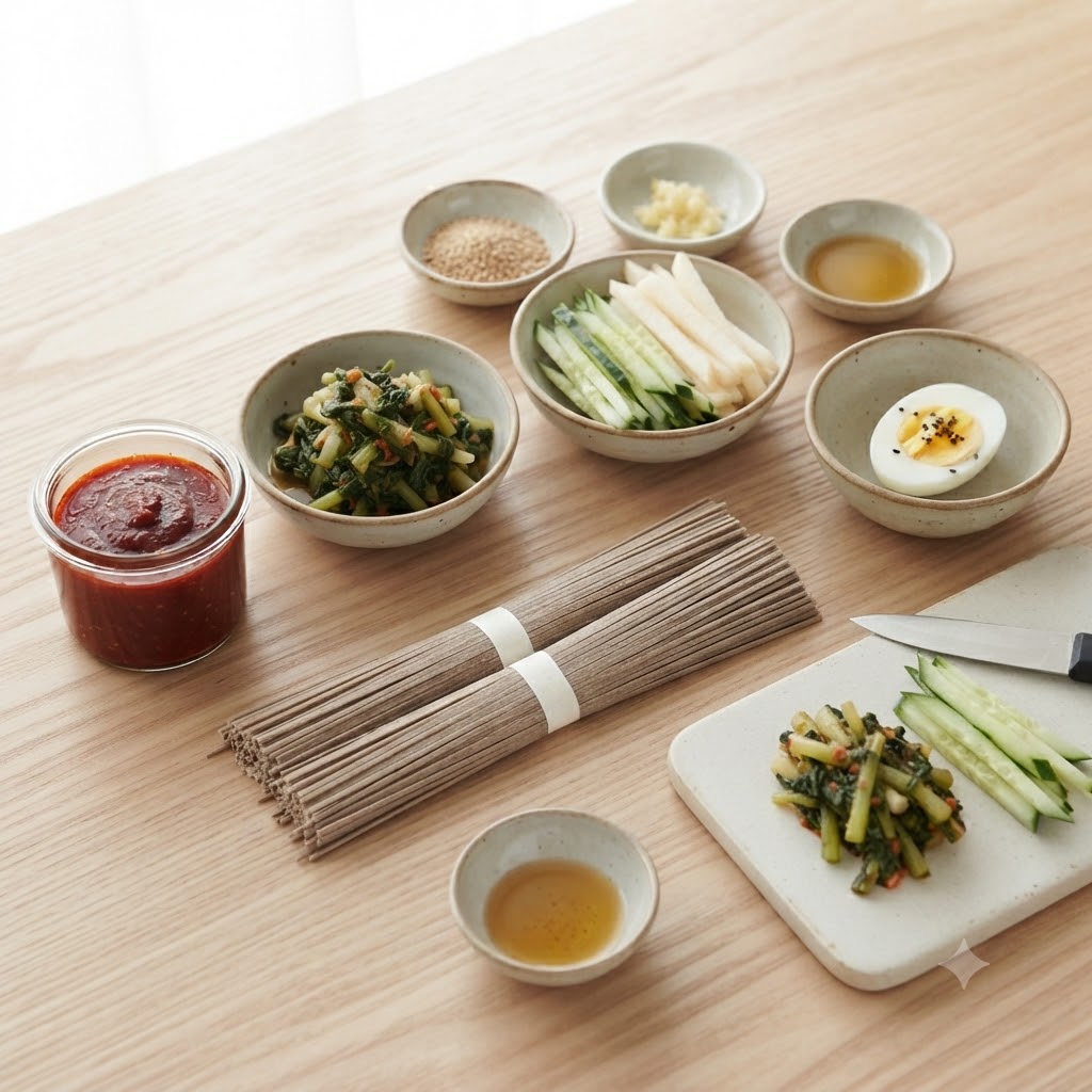 나무 테이블 위에 깔끔하게 준비된 열무 메밀 비빔국수 재료들. 양념장이 담긴 유리 용기, 메밀면, 손질된 열무김치, 채 썬 오이와 배, 삶은 달걀, 다진 마늘, 참기름, 깨 등이 소스볼과 도마 위에 정갈하게 진열되어 있습니다