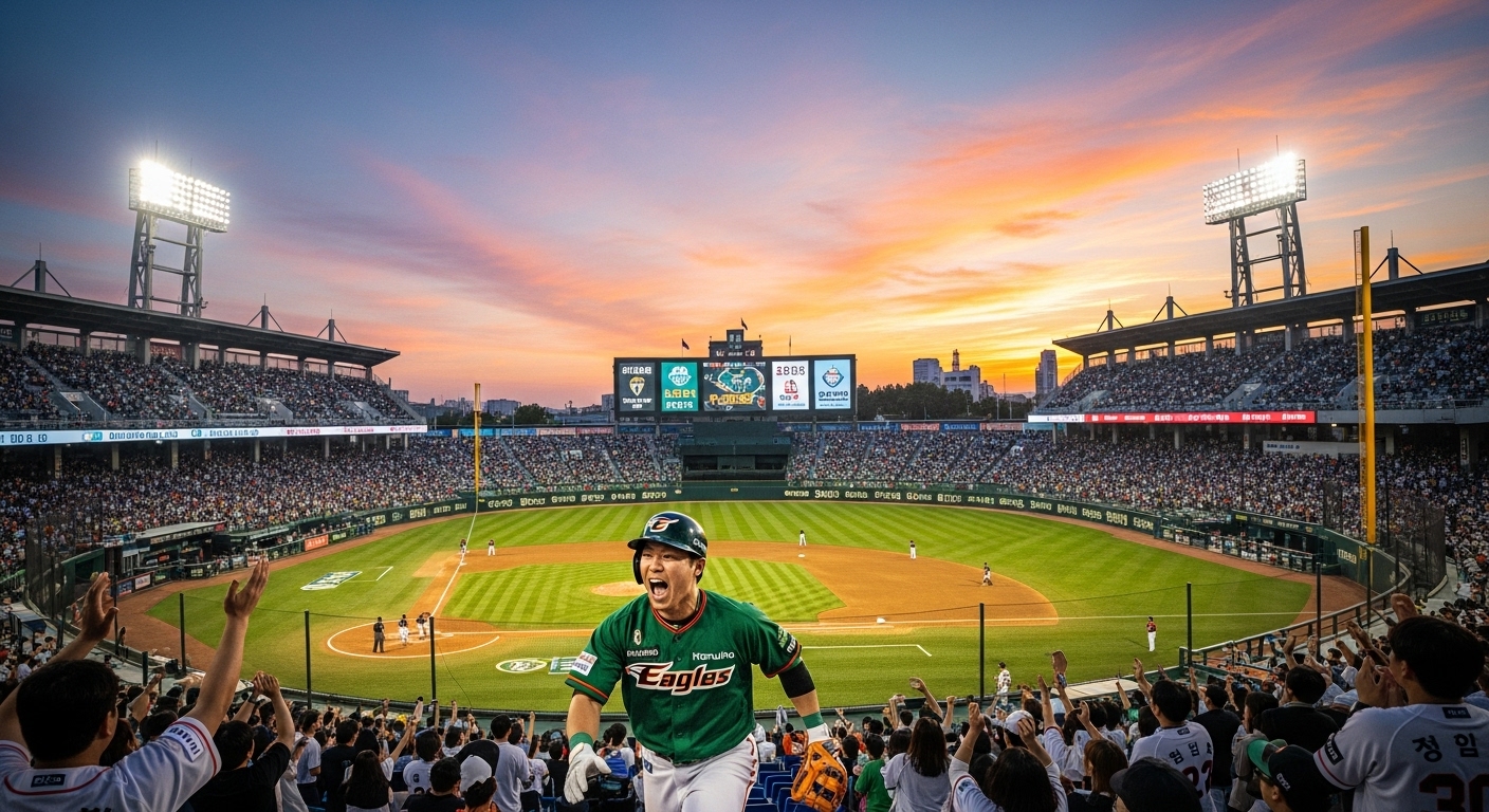 2025년 한국시리즈 준우승 후 기쁨과 아쉬움이 교차하는 한화 이글스 선수들과 열정적인 초록빛 팬들의 모습이 담긴 야구 경기장.