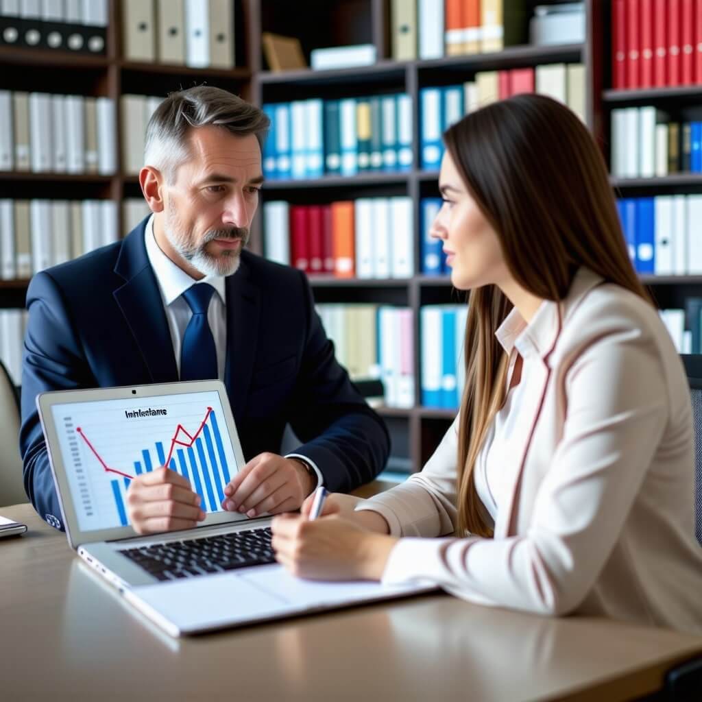 세무사와의 상담: 세무사가 고객에게 상속세에 대한 조언을 하는 장면. 세무사가 차트를 보여주며 설명하는 모습.