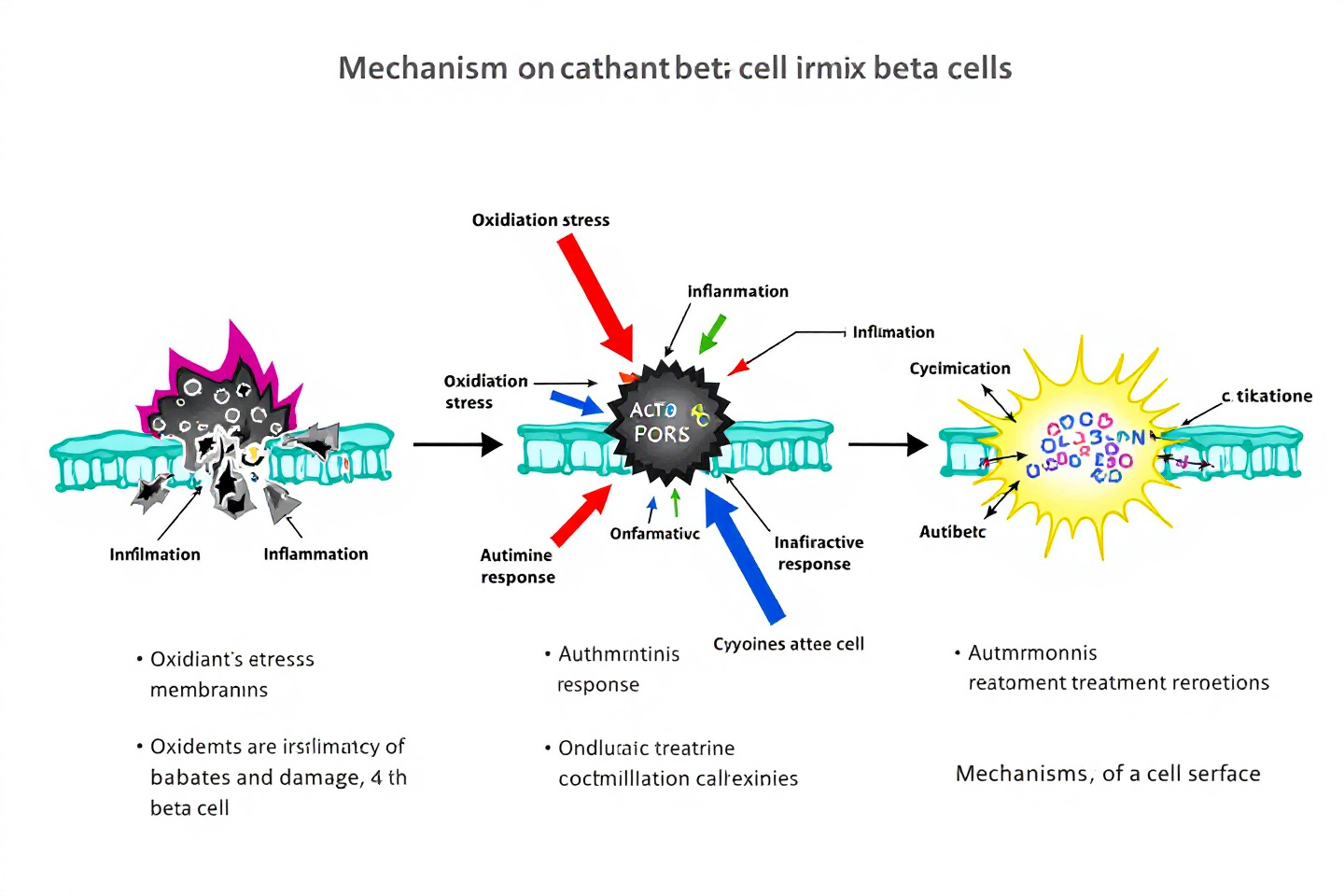 "베타세포 손상 과정과 보호 치료 전략을 요약한 도식: 산화스트레스, 염증, 자가면역 반응 등"
