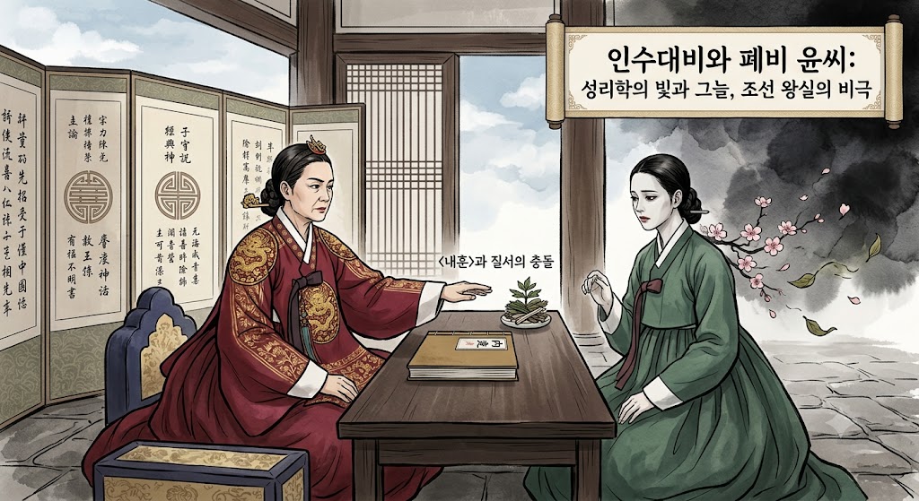인수대비와 폐비 윤씨의 대립을 나타낸 조선 왕실을 재현한 AI 일러스트