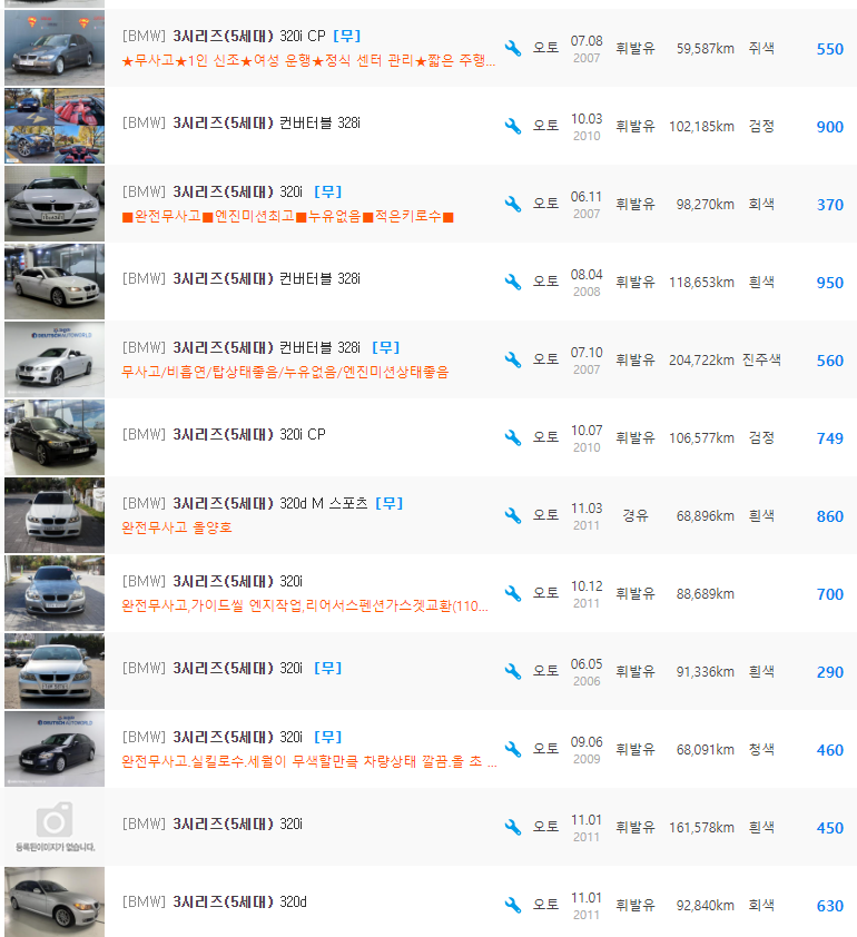 BMW 3시리즈(E90) 등급 중고차 가격 : 270만원 ~ 1&#44;490만원
