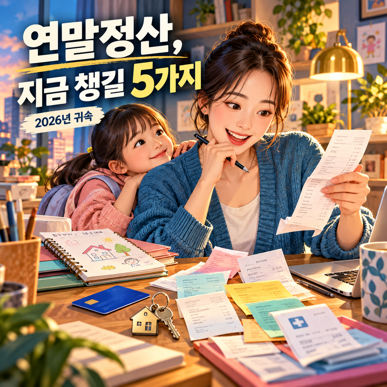 2026년 귀속 연말정산 영수증과 공제 항목을 살펴보는 엄마와 아이 일러스트