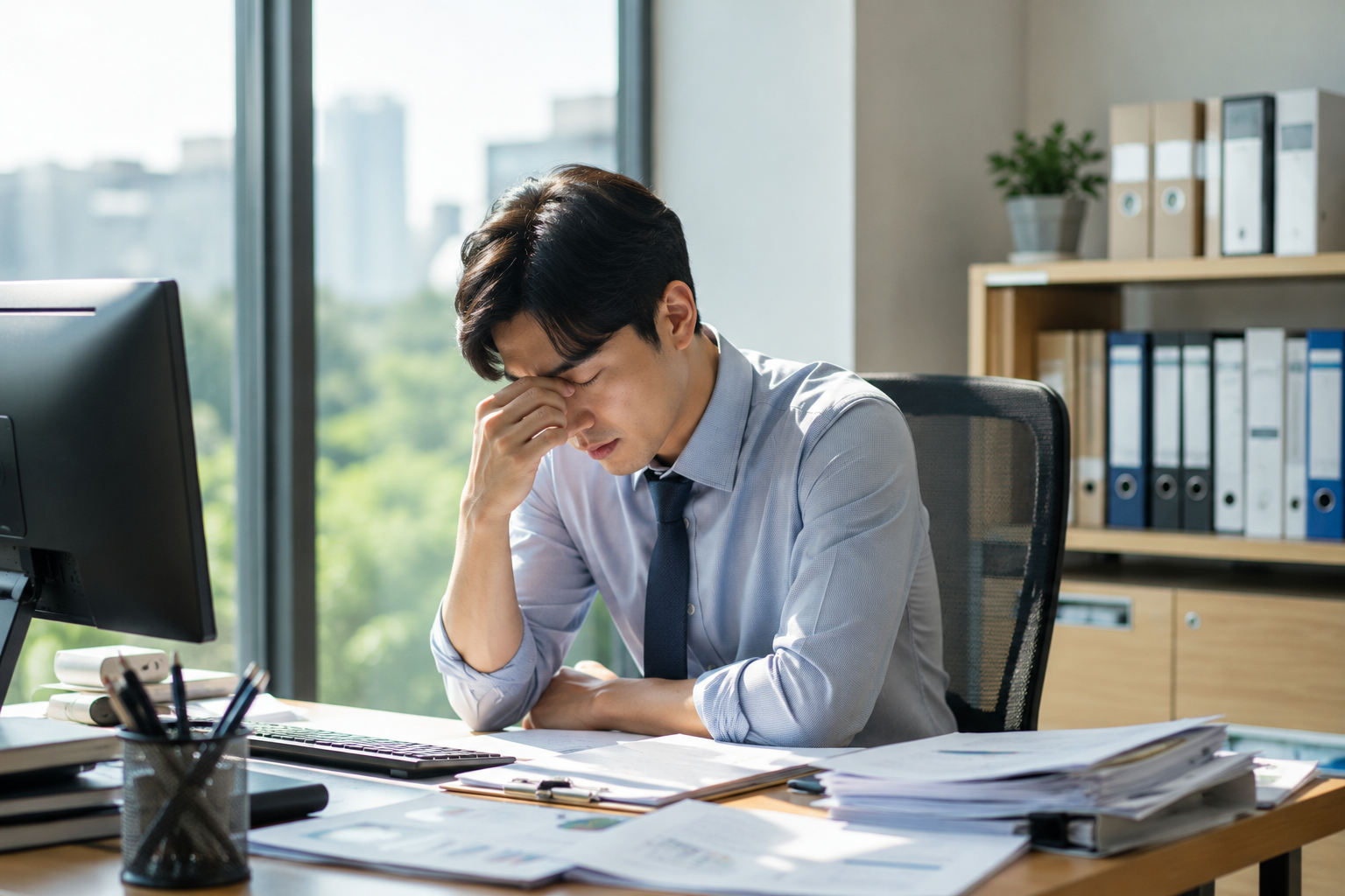 실내 생활로 인해 피로감을 느끼는 직장인의 모습
