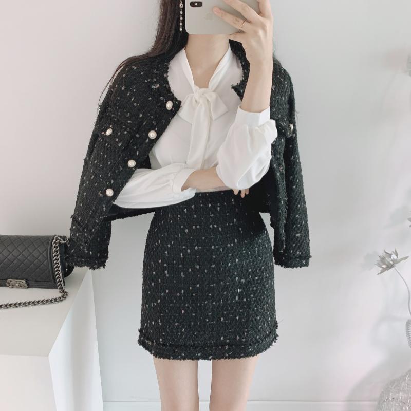 심플 트위드 진주 자켓 스커트 투피스 세트