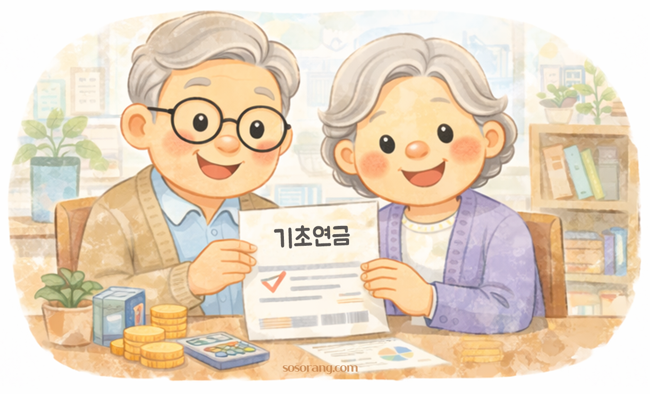 기초연금 상담과 소득 재산 확인 일러스트