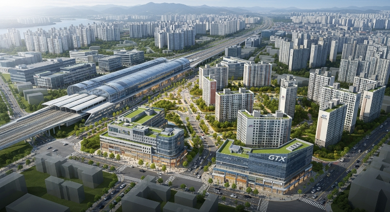 GTX 역과 신축 건물들이 보이는 한국의 활기찬 도시 전경, 교통 호재 지역의 발전을 상징.