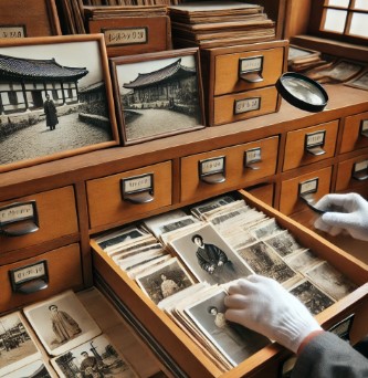 한국 전통 사진 자료를 조사하는 조용한 기록 보존실, 흑백 사진을 살펴보는 연구자 모습